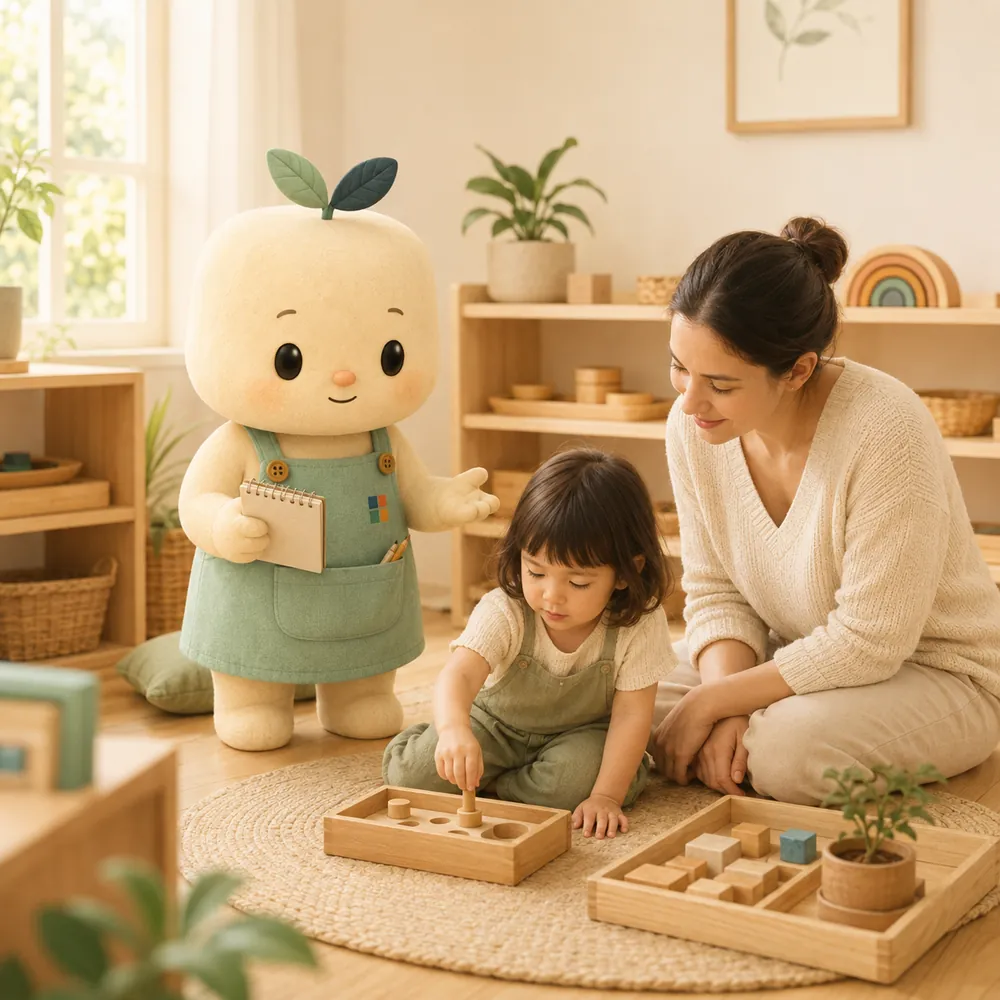A parent kneeling beside a child working with knobbed cylinders on a rug in a sunlit room, while Koni stands to one side holding a notebook